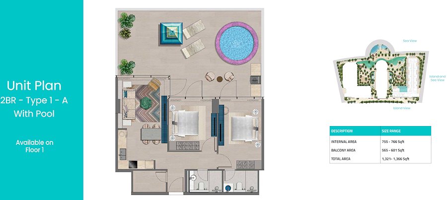 Apartment mit zwei Schlafzimmer und Pool