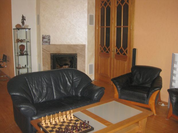 Wohnzimmer mit Kamin im Einfamilienhaus